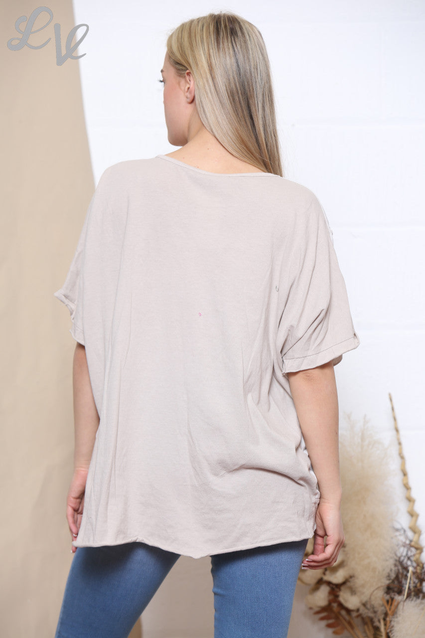 Ladies Foil Joy Script Top Stone