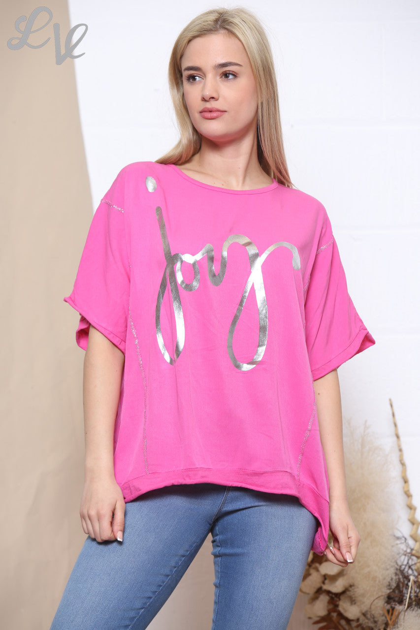 Ladies Foil Joy Script Top Cerise
