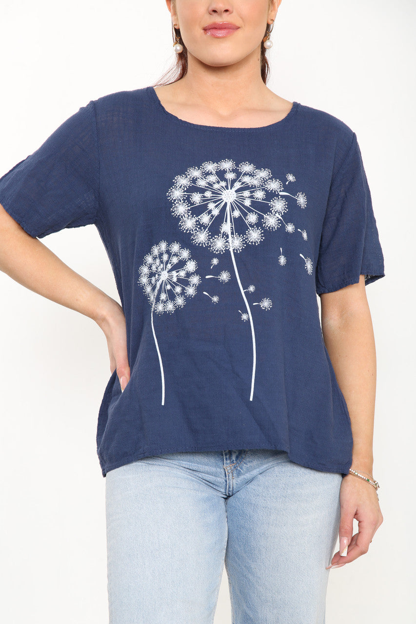Ladies Dandelion Flowers Top Navy