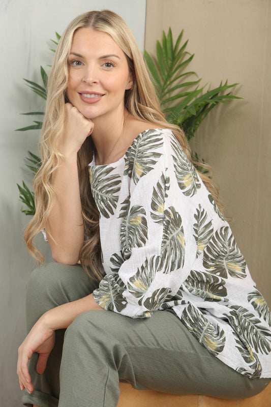 PALM LEAF PRINT TOP - WHITE