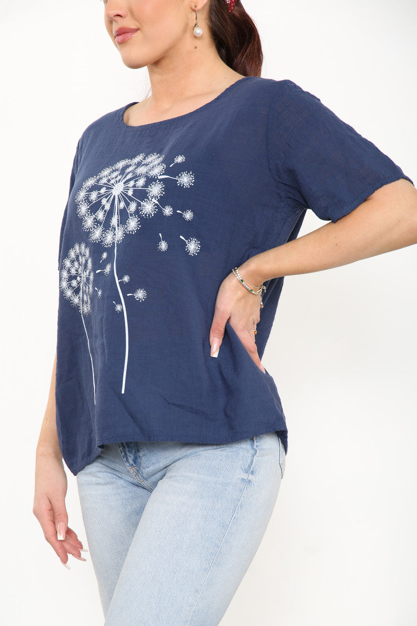 Ladies Dandelion Flowers Top Navy