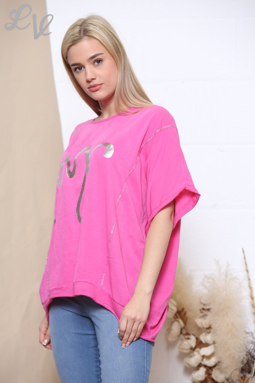 Ladies Foil Joy Script Top Cerise