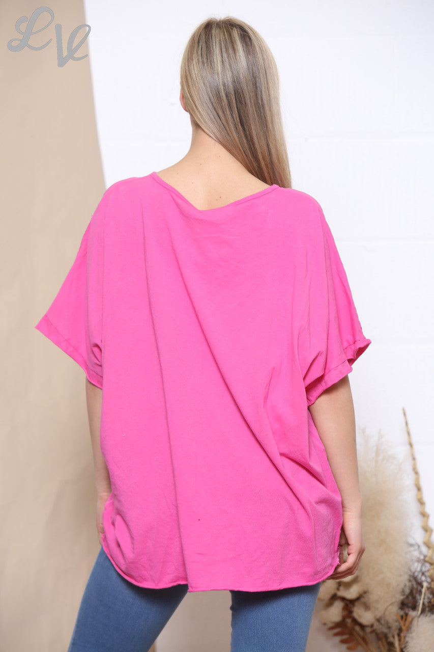 Ladies Foil Joy Script Top Cerise
