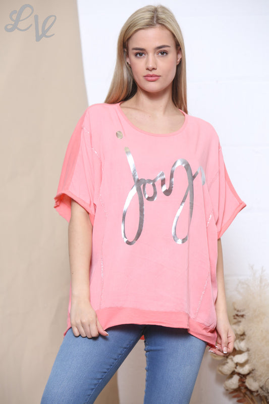Ladies Foil Joy Script Top Coral