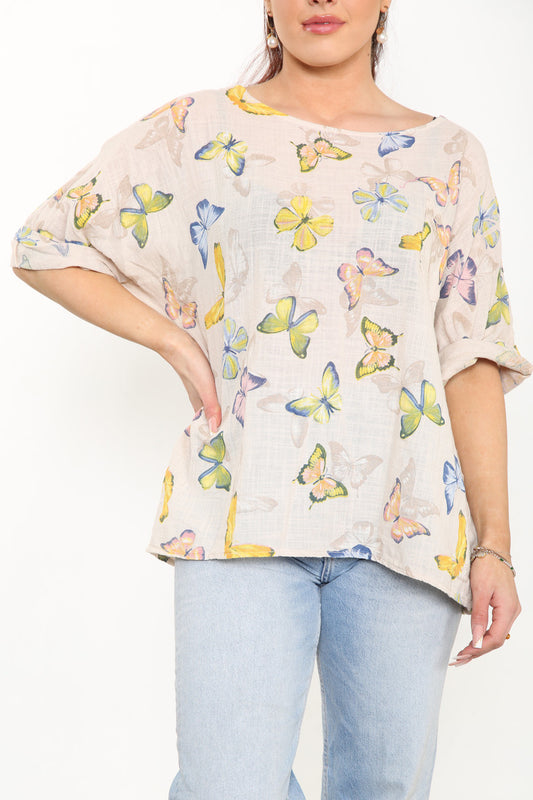 Ladies Butterfly Print Box Top Stone