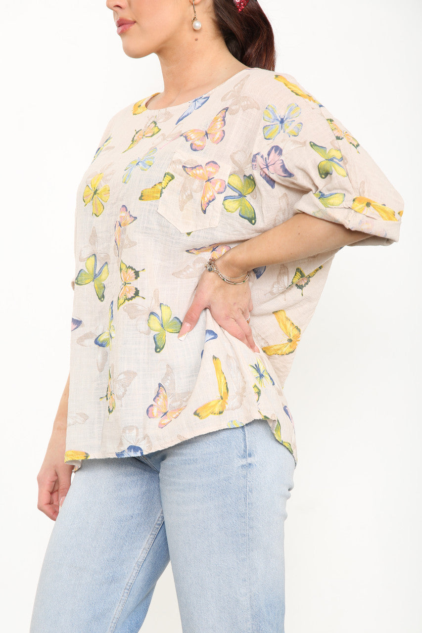 Ladies Butterfly Print Box Top Stone