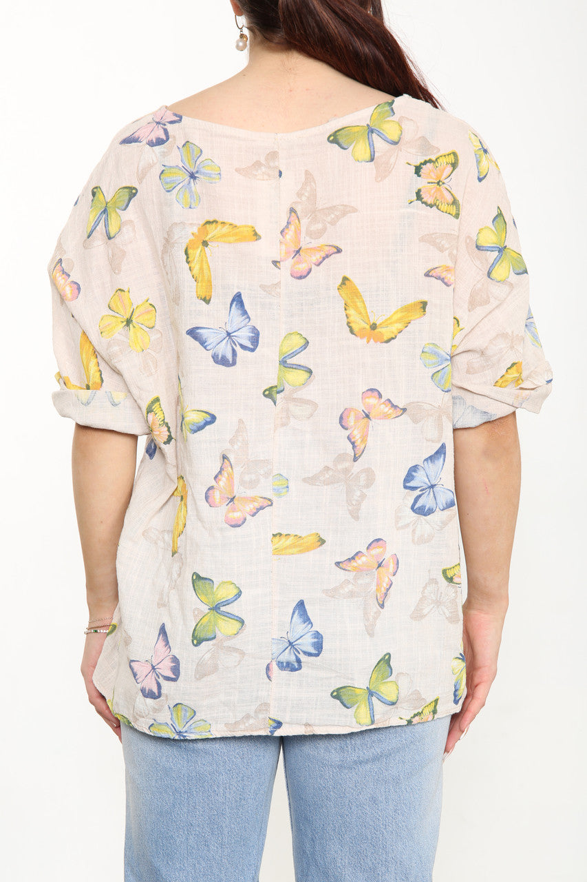 Ladies Butterfly Print Box Top Stone