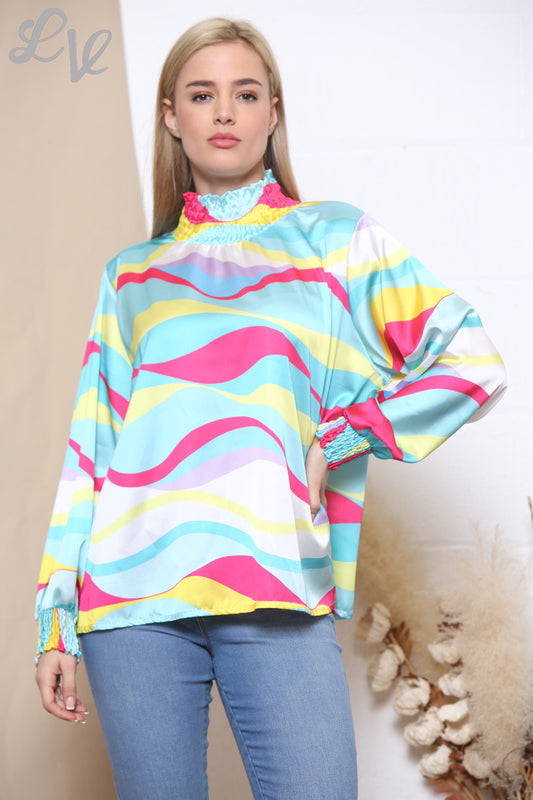 Ladies Multicoloured Retro Wave Print Gathered Neck Blouse Turquoise
