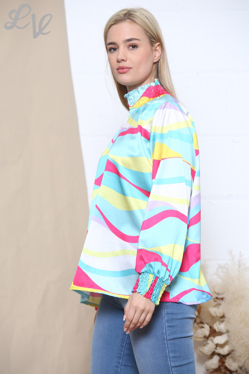 Dames Veelkleurige Retro Golfprint Blouse met Gerimpelde Halslijn Turkoois