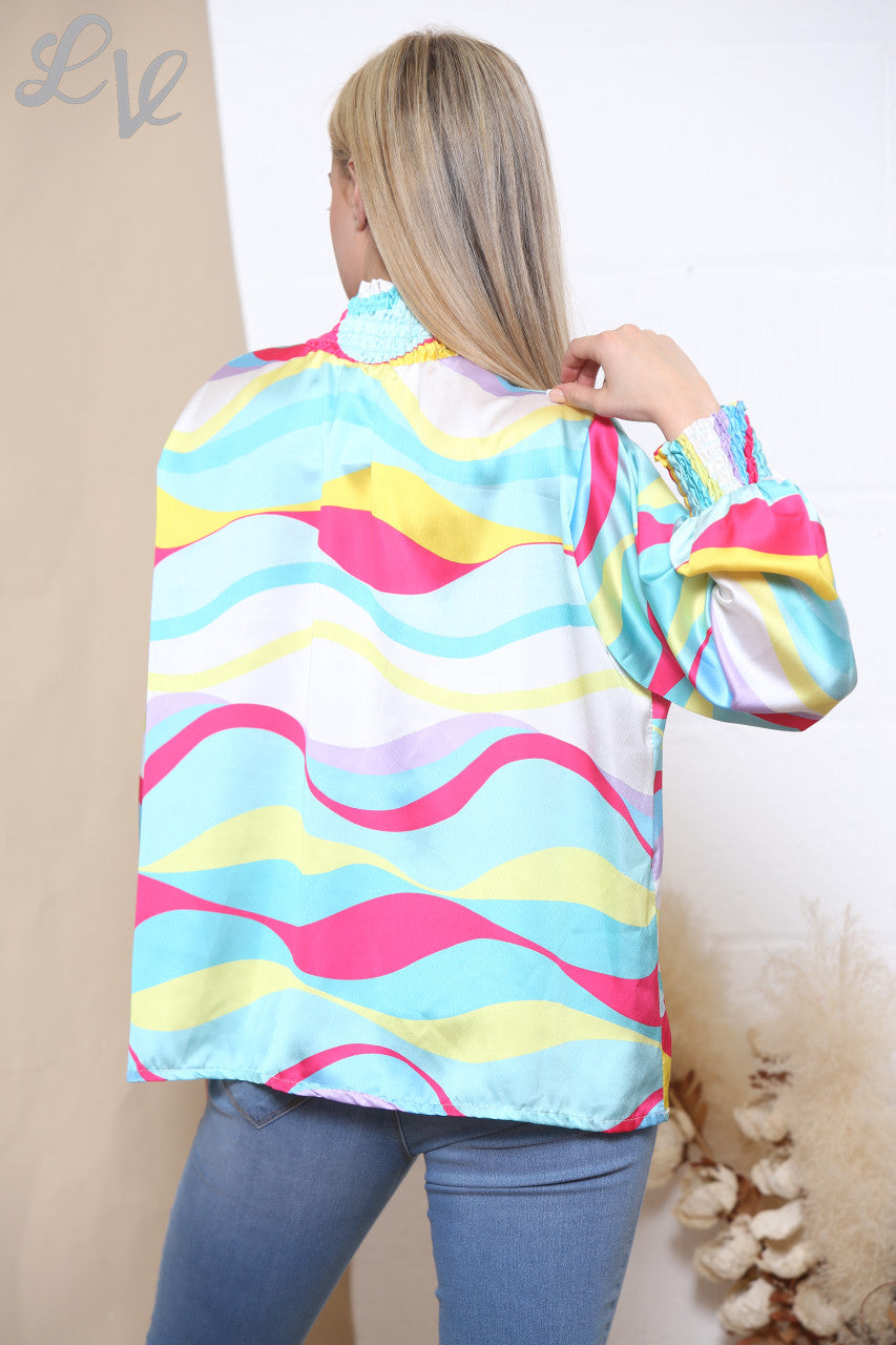 Dames Veelkleurige Retro Golfprint Blouse met Gerimpelde Halslijn Turkoois