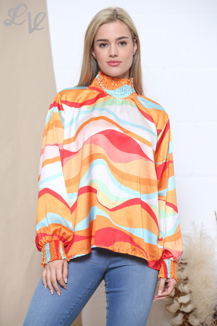Dames Meerkleurige Retro Wave Print Blouse met Geplooide Hals Oranje