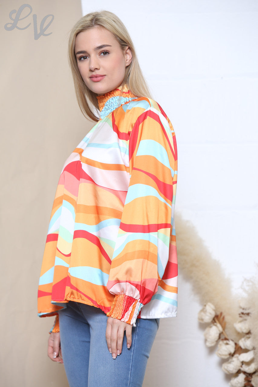 Dames Meerkleurige Retro Wave Print Blouse met Geplooide Hals Oranje