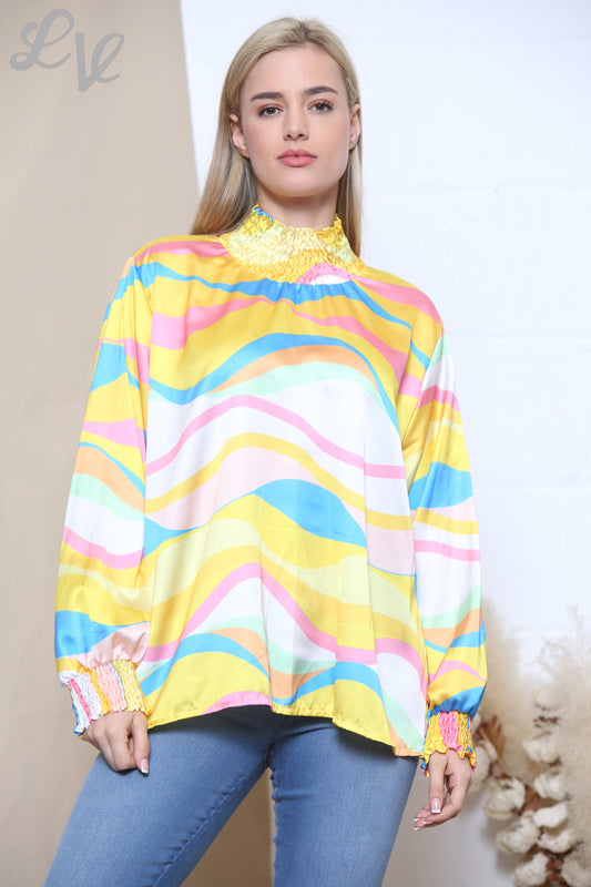 Ladies Multicoloured Retro Wave Print Gathered Neck Blouse Yellow