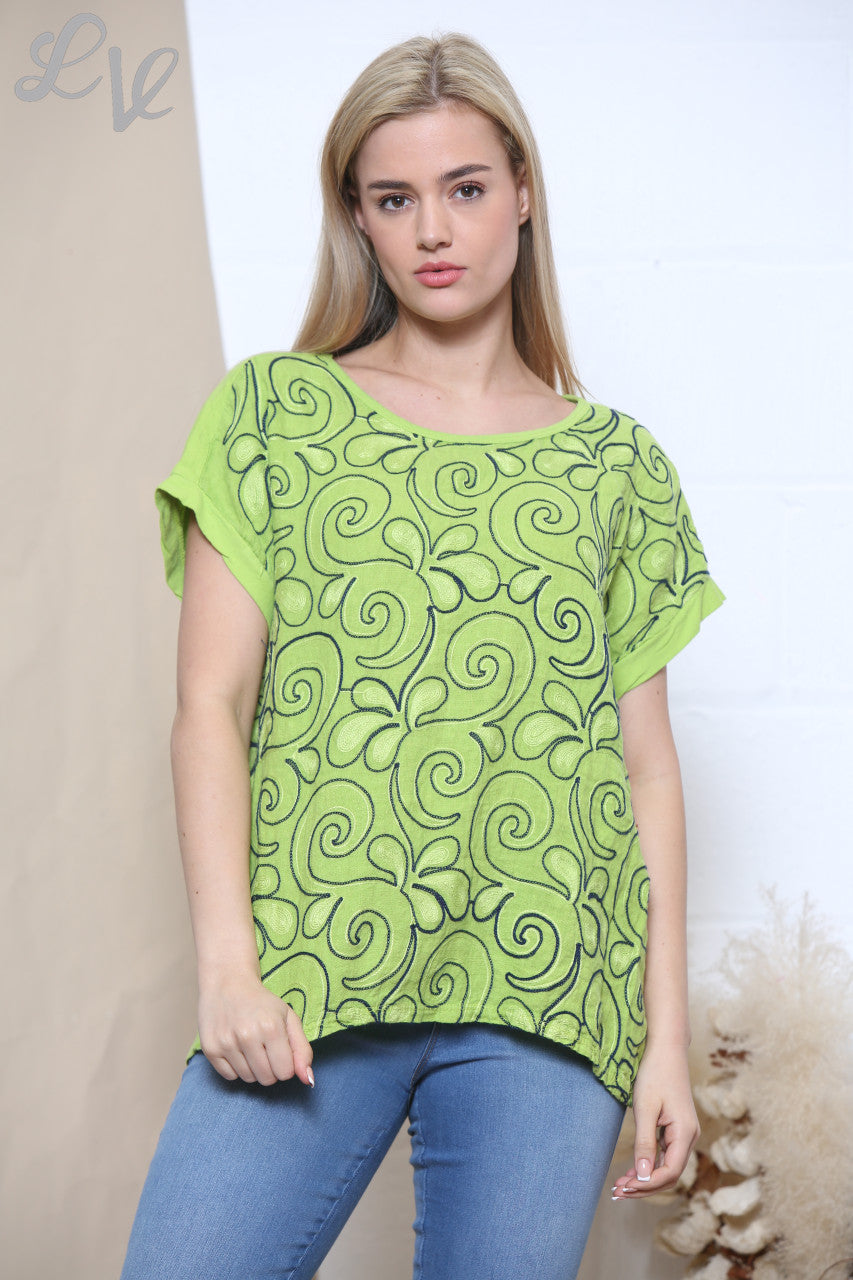 Ladies Embroidered Swirl Flower Short Sleeved Top Lime