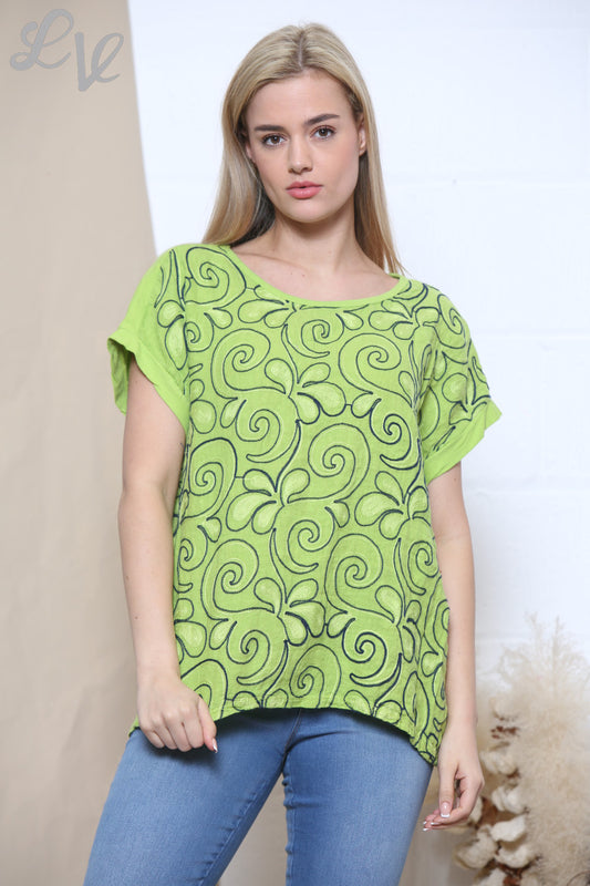 Ladies Embroidered Swirl Flower Short Sleeved Top Lime