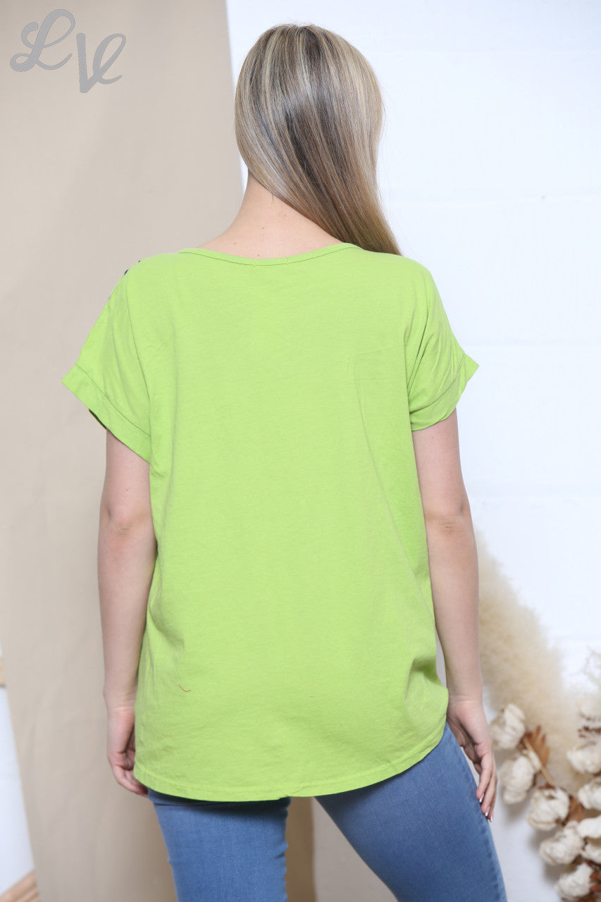 Ladies Embroidered Swirl Flower Short Sleeved Top Lime