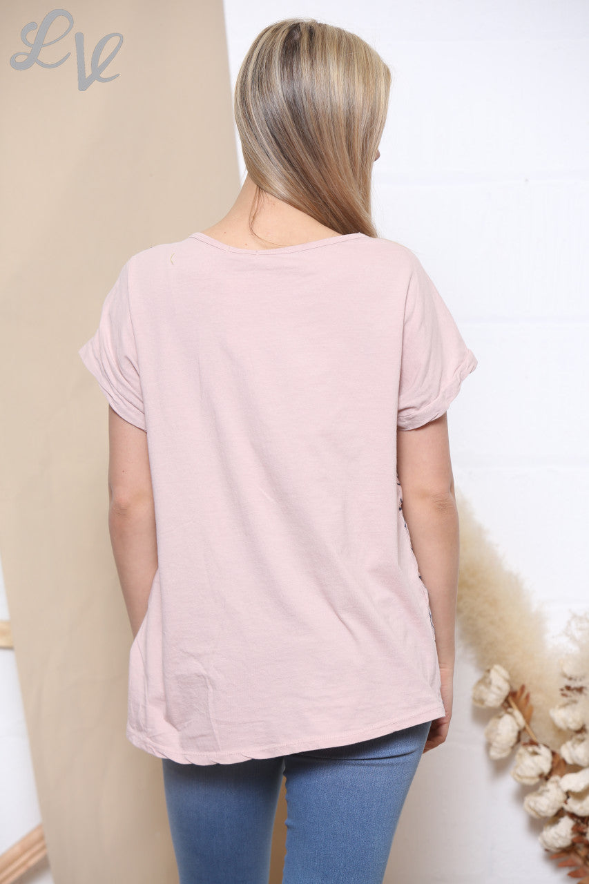Ladies Embroidered Swirl Flower Short Sleeved Top Dusty Pink