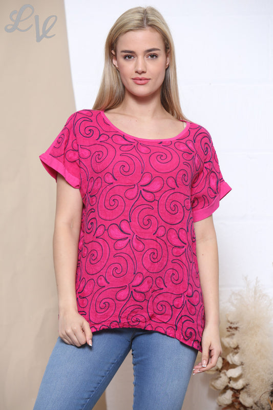 Ladies Embroidered Swirl Flower Short Sleeved Top Cerise