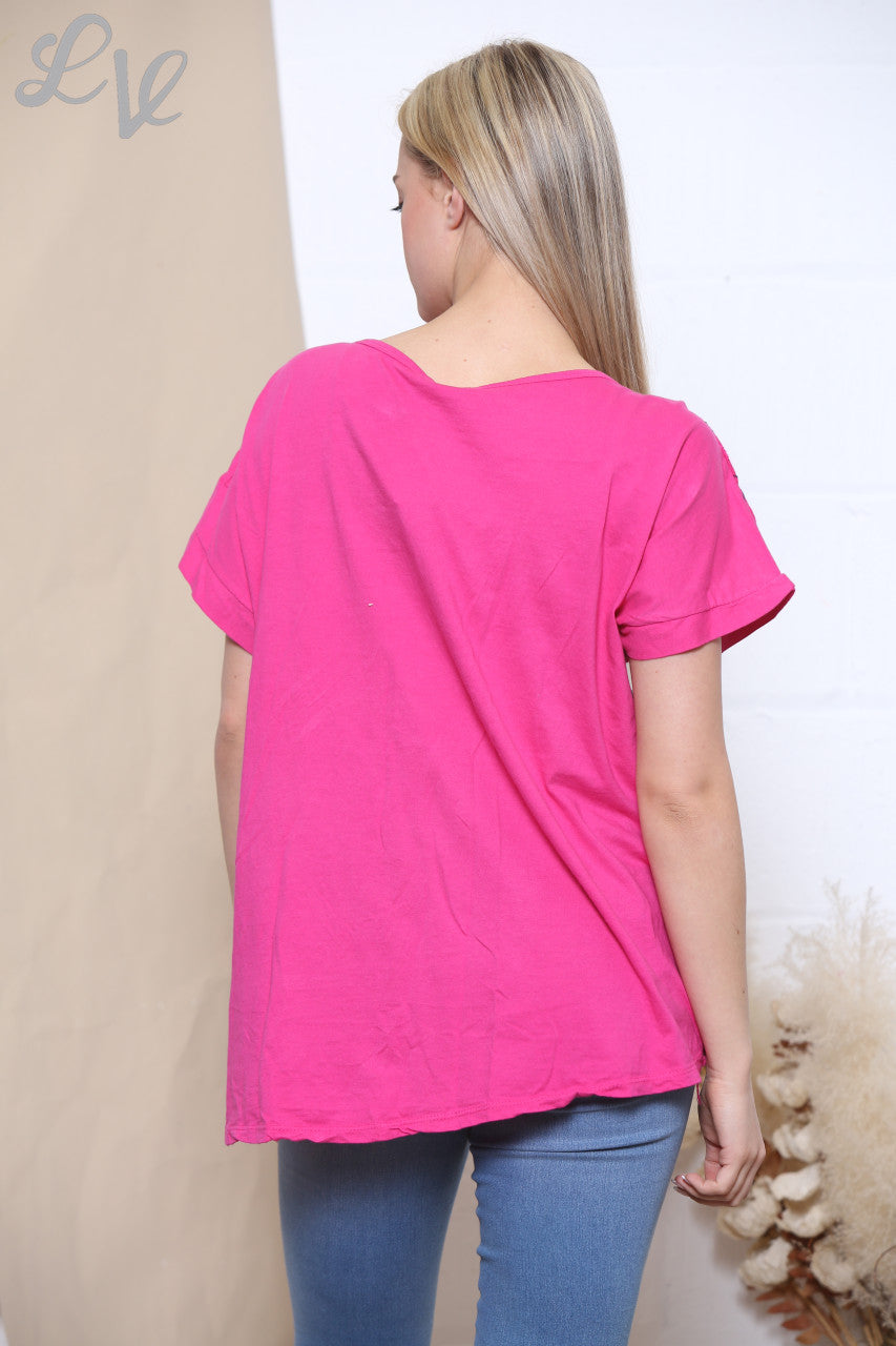 Ladies Embroidered Swirl Flower Short Sleeved Top Cerise