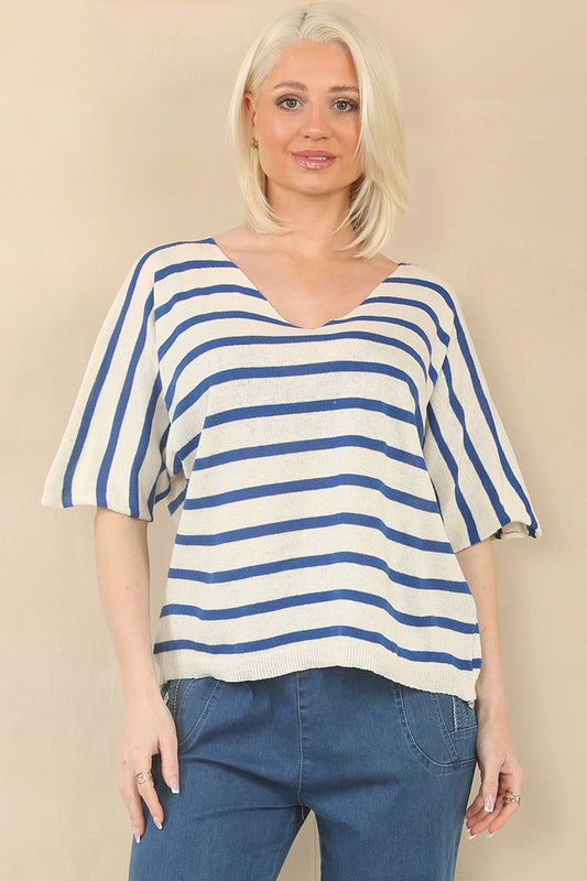 FINE KNIT STRIPE SHORT SLEEVE JUMPER - COBALT BLUE