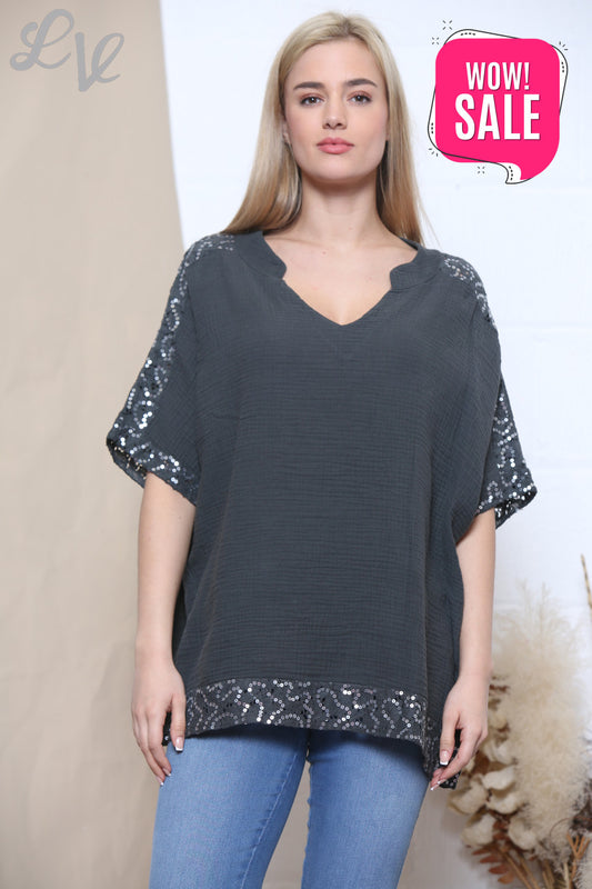 Ladies Ladies V Neck Top With Glitters On Arms Charcoal
