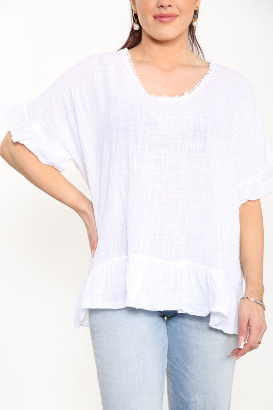 Ladies Plain Top With Frill Hem White