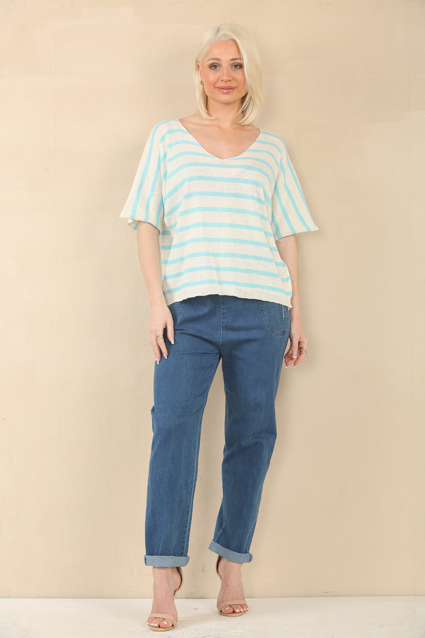 FINE KNIT STRIPE SHORT SLEEVE JUMPER - TURQUOISE