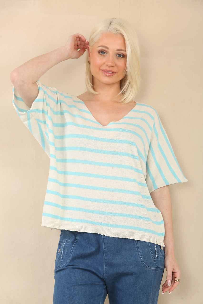 FINE KNIT STRIPE SHORT SLEEVE JUMPER - TURQUOISE