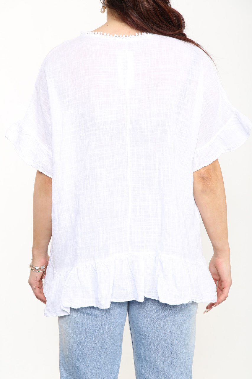 Ladies Plain Top With Frill Hem White