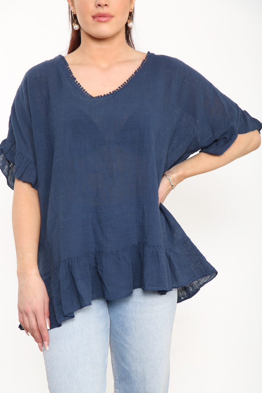 Ladies Plain Top With Frill Hem Navy