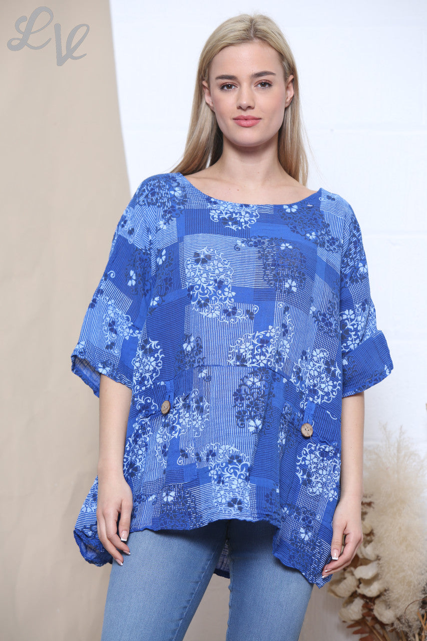 TOP MET BLOEMENBEHANGPRINT KONINGSBLAUW