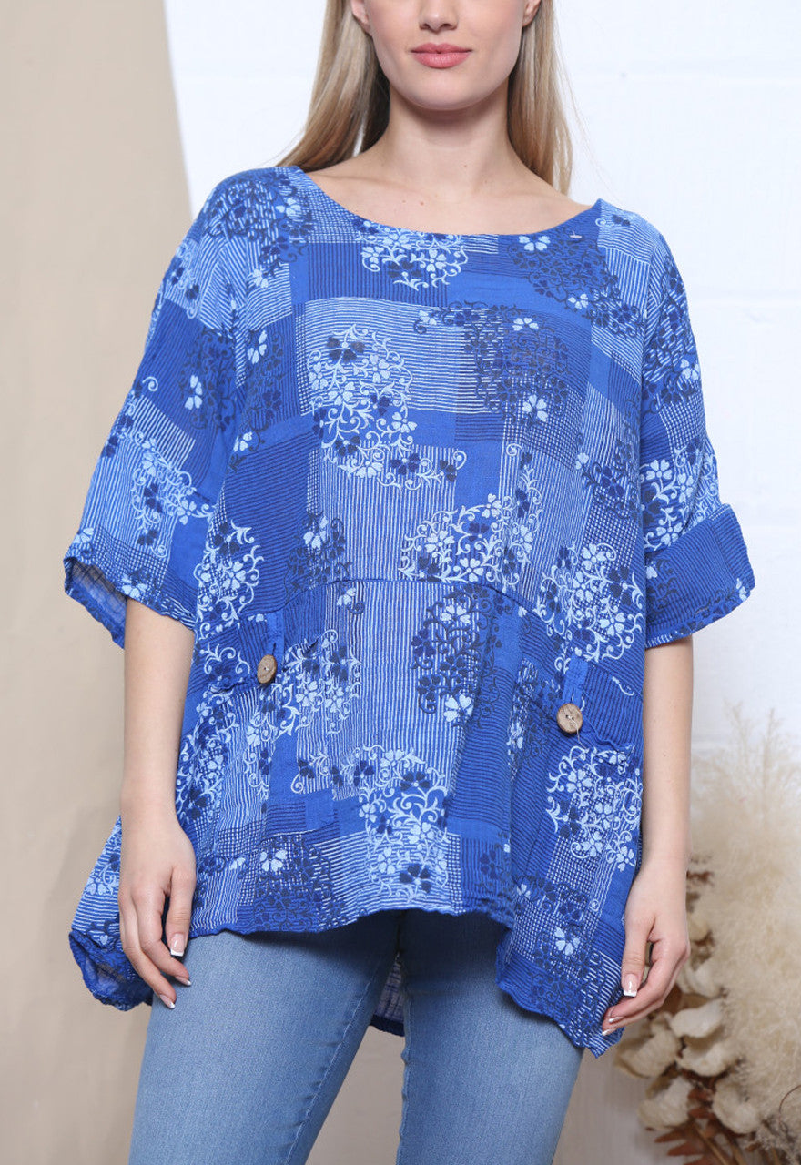TOP MET BLOEMENBEHANGPRINT KONINGSBLAUW