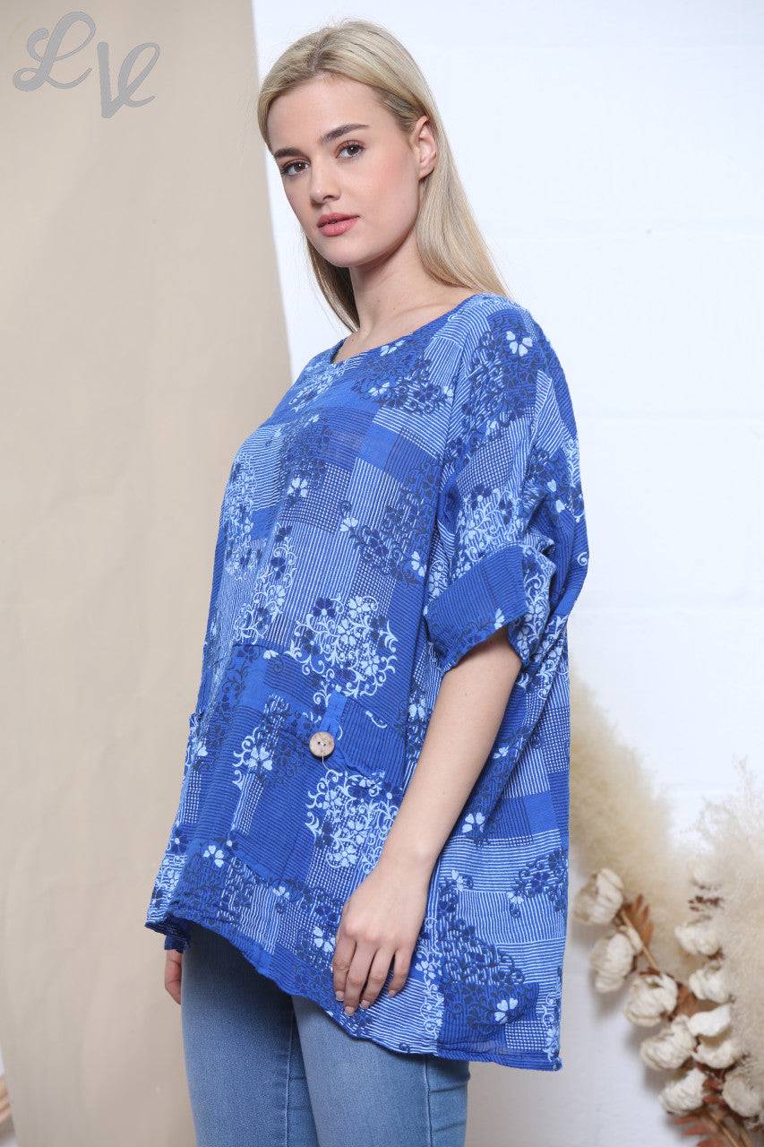 TOP MET BLOEMENBEHANGPRINT KONINGSBLAUW