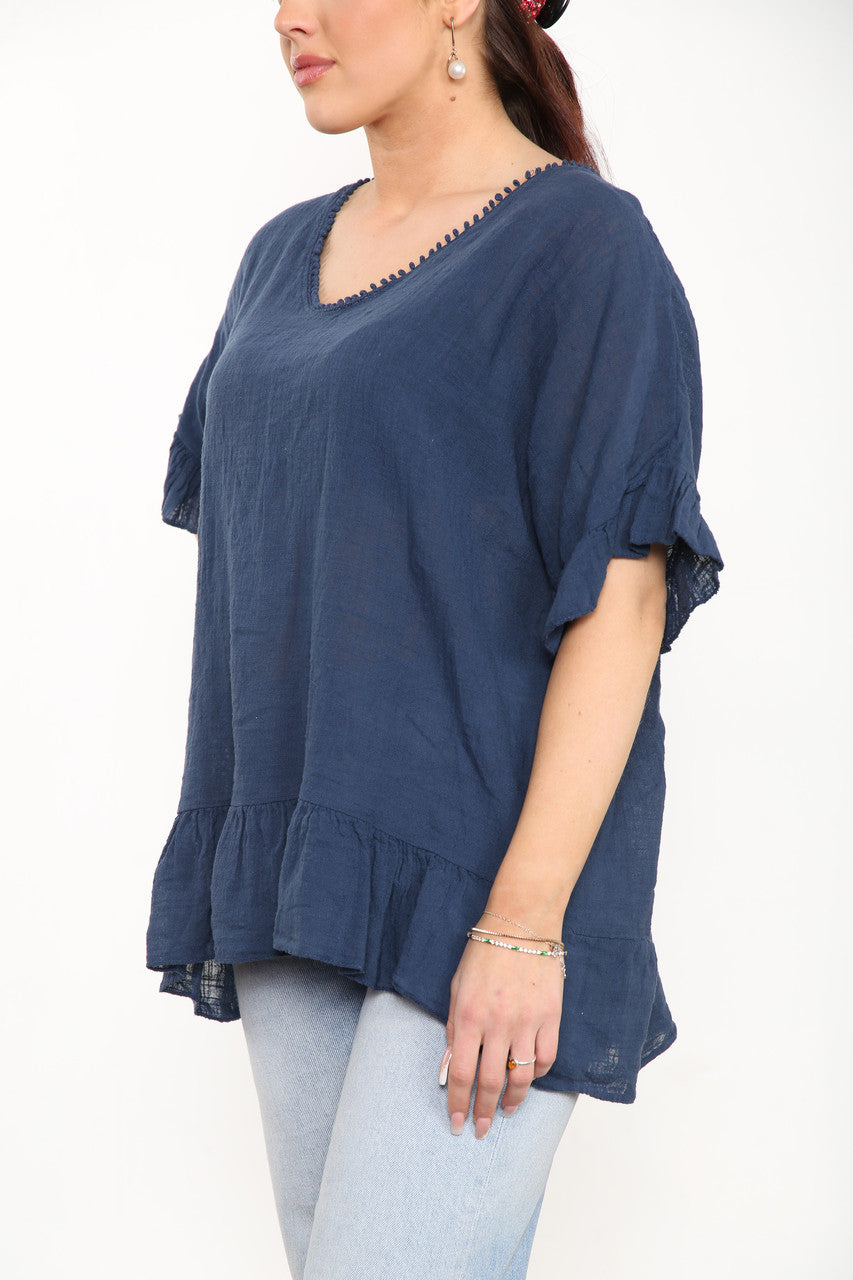 Ladies Plain Top With Frill Hem Navy