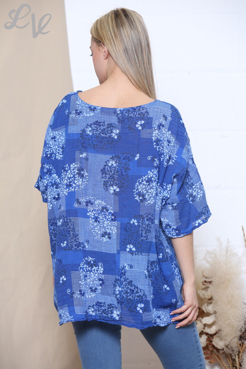 TOP MET BLOEMENBEHANGPRINT KONINGSBLAUW