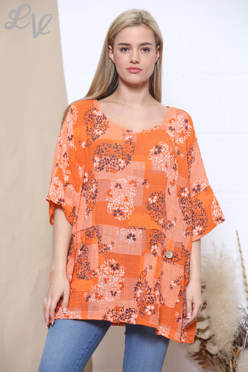 Ladies Floral Wallpaper Print Top Orange