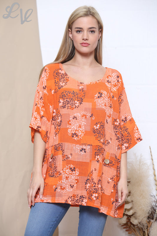 Ladies Floral Wallpaper Print Top Orange