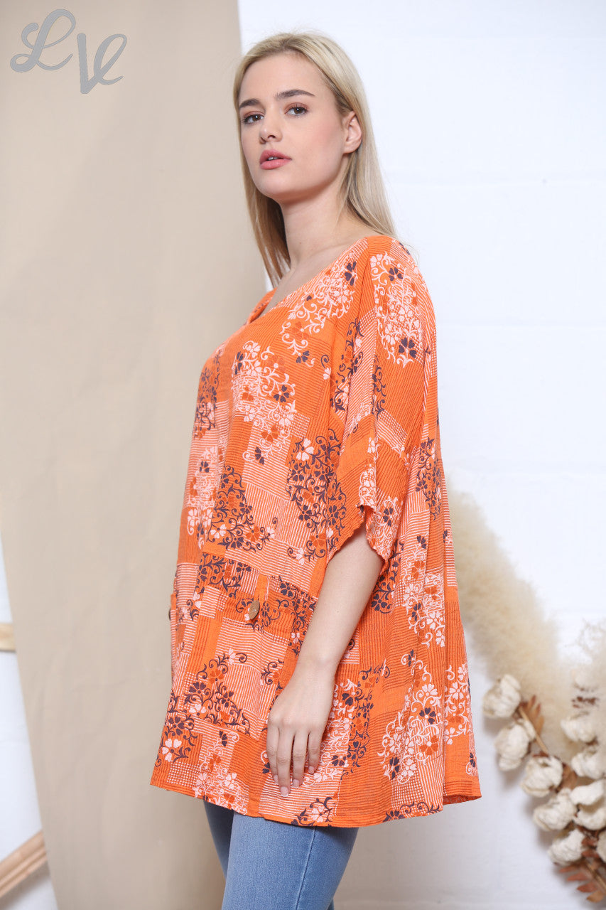 Ladies Floral Wallpaper Print Top Orange