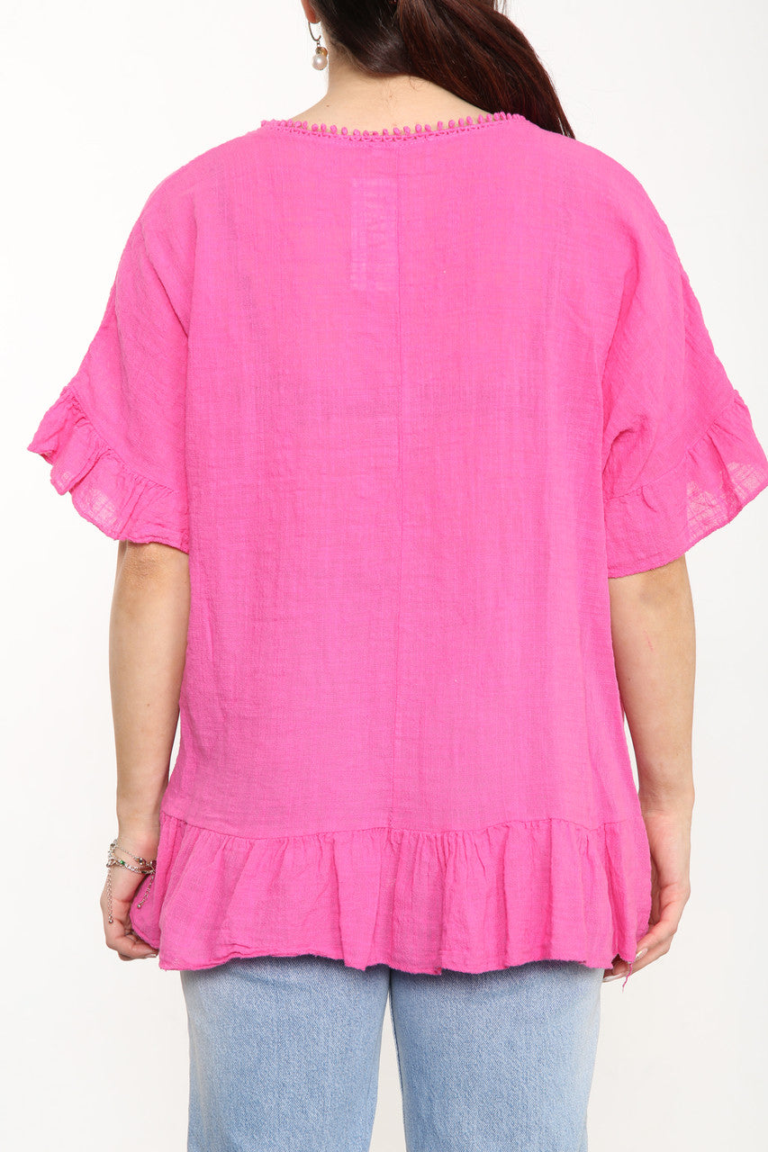 Ladies Plain Top With Frill Hem Cerise