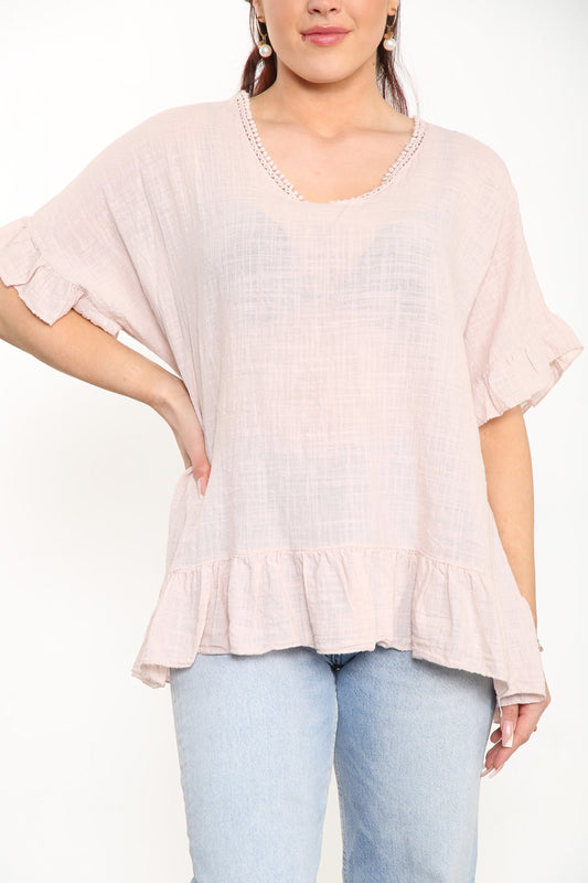 Ladies Plain Top With Frill Hem Dusty Pink