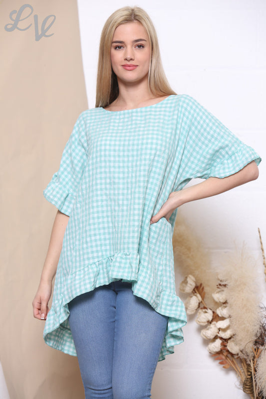 Ladies Gingham Print Frill Hem Top Sky Blue