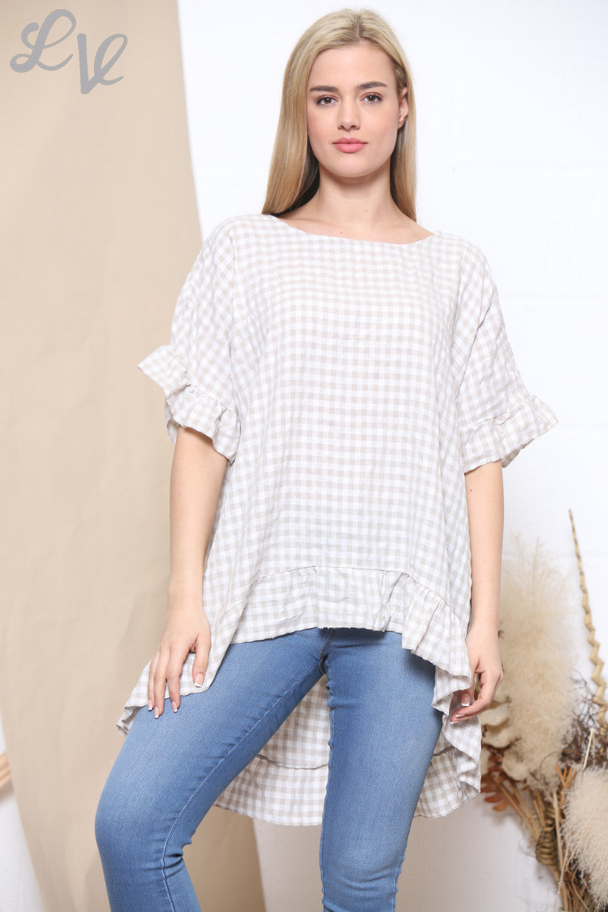 Ladies Gingham Print Frill Hem Top Stone