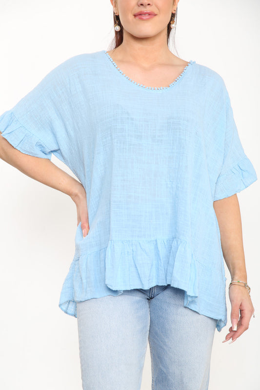 Ladies Plain Top With Frill Hem Sky Blue