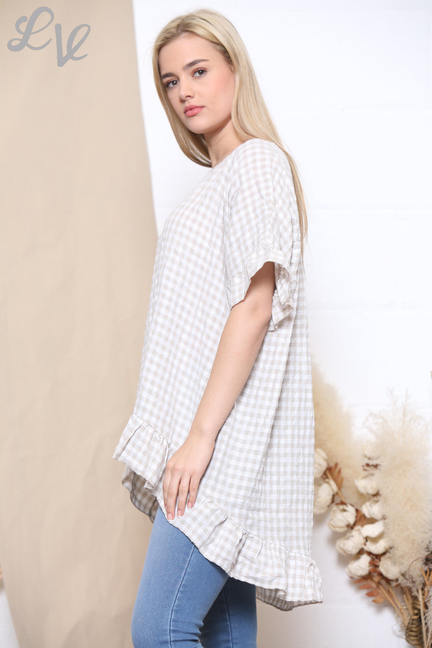 Ladies Gingham Print Frill Hem Top Stone