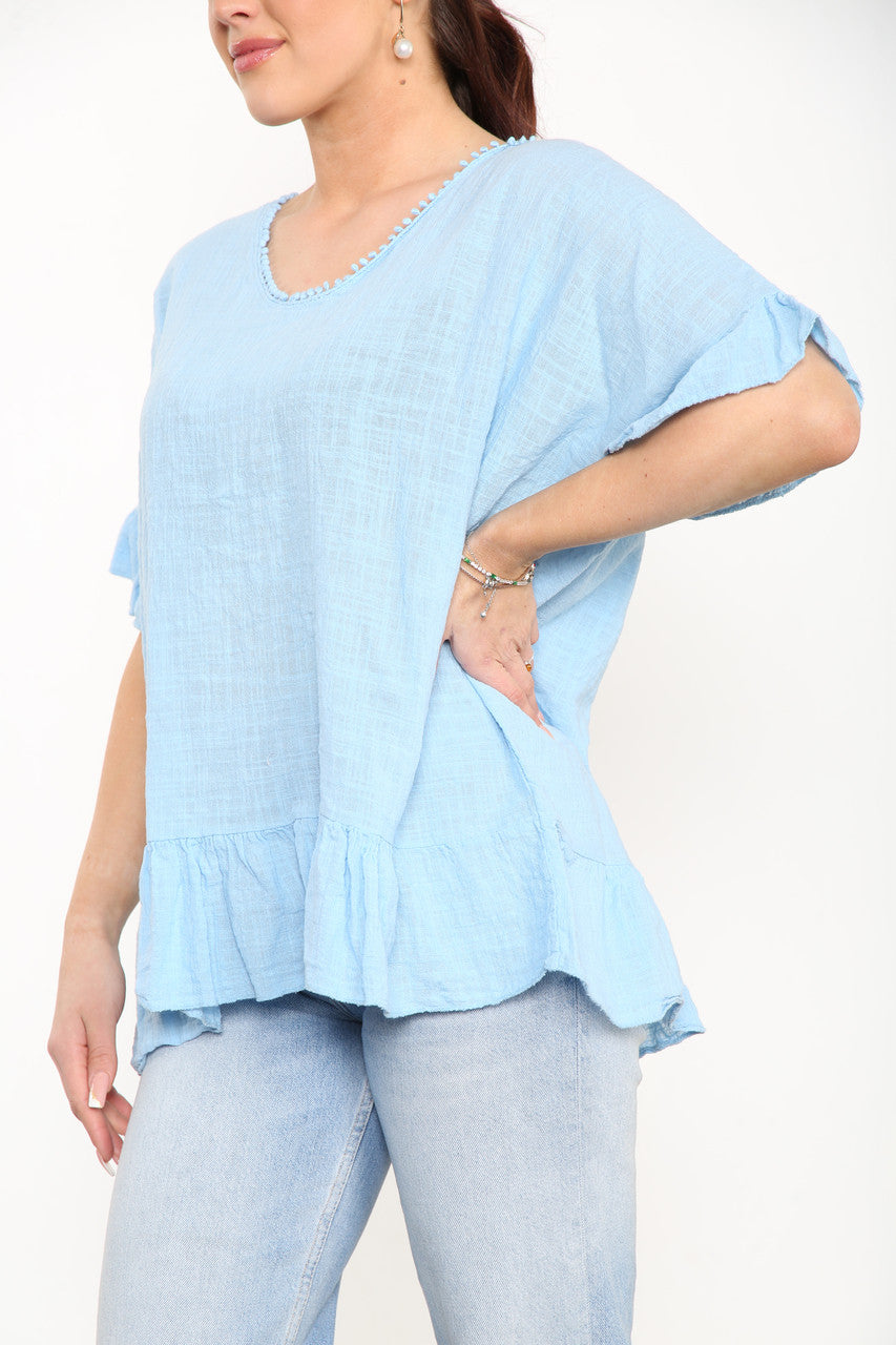 Ladies Plain Top With Frill Hem Sky Blue