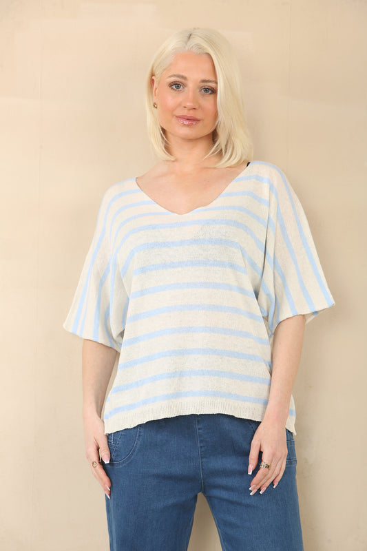 FINE KNIT STRIPE SHORT SLEEVE JUMPER - LIGHT BLUE