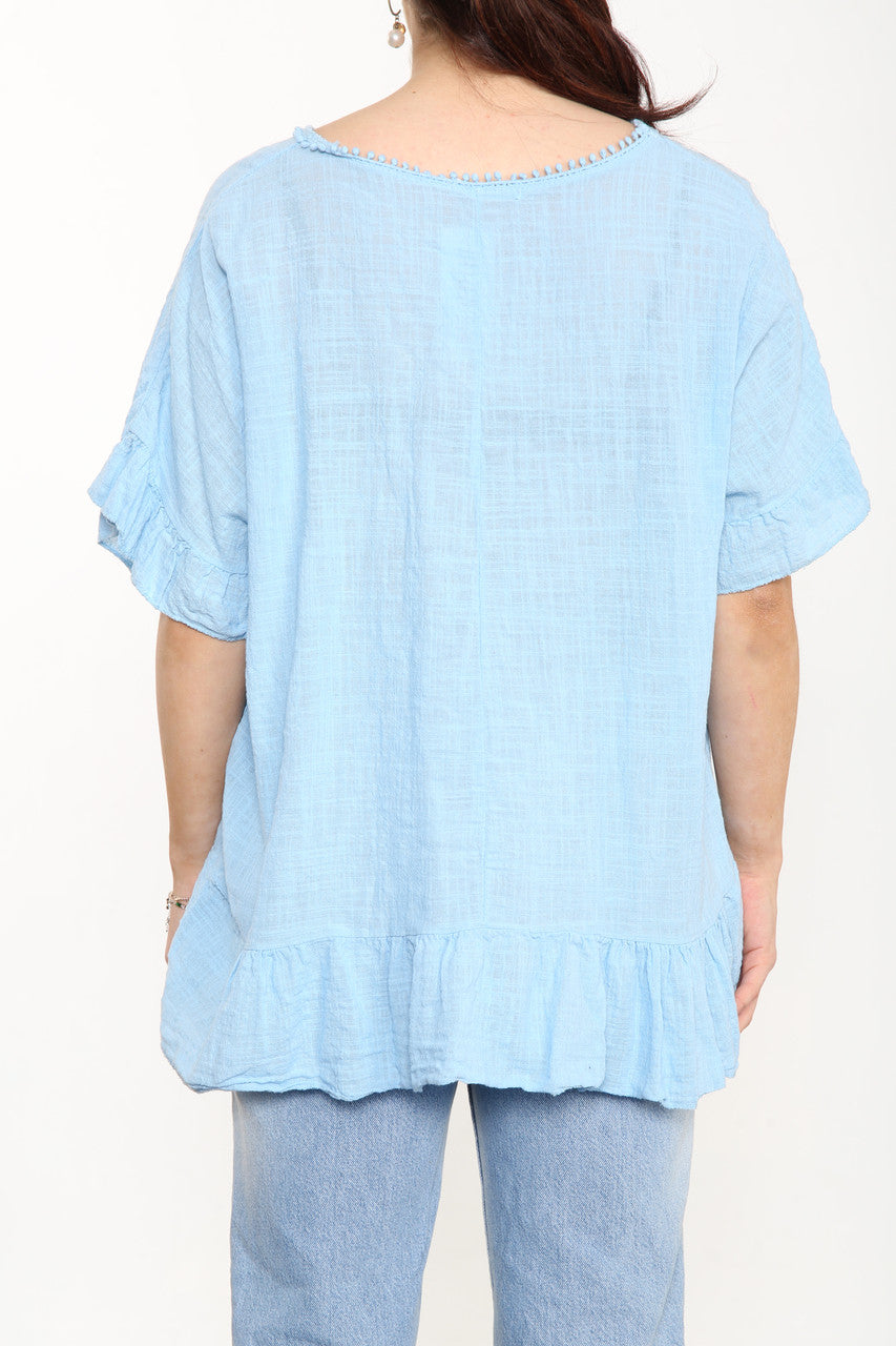 Ladies Plain Top With Frill Hem Sky Blue