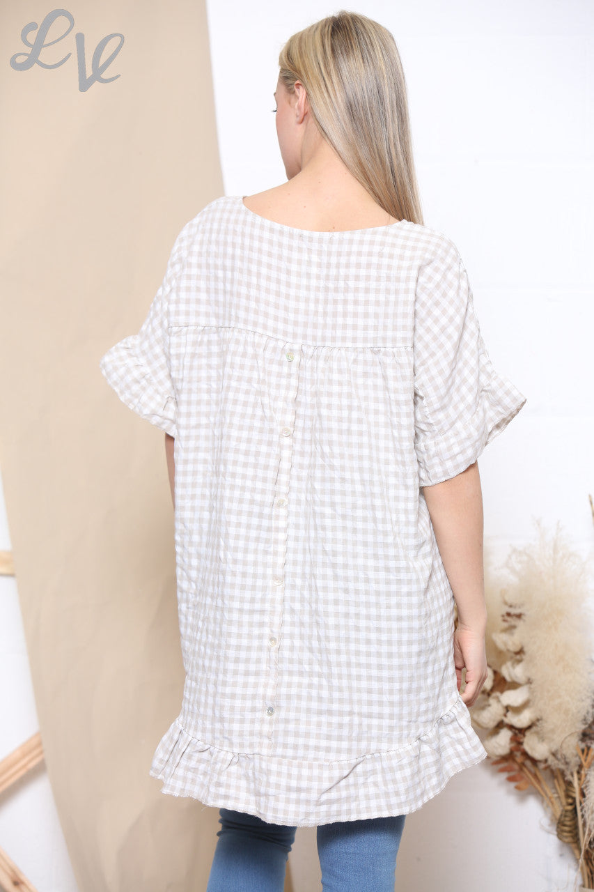 Ladies Gingham Print Frill Hem Top Stone