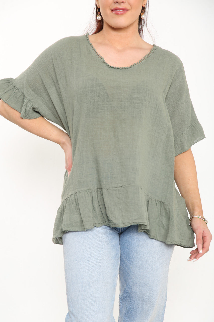 Ladies Plain Top With Frill Hem Khaki