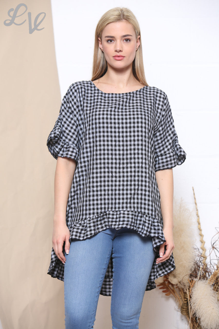 Ladies Gingham Print Frill Hem Top Black